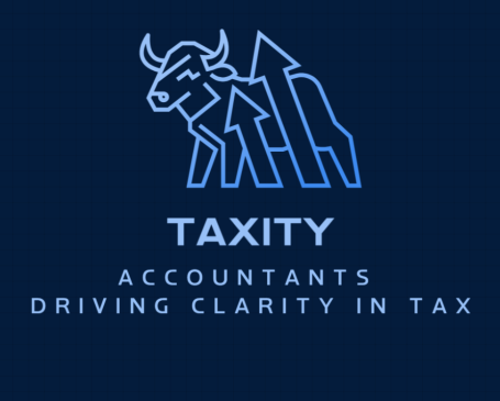 Picture of a bull with upward graphs on a dark blue background with the text of "Accountants Driving Clarity in Tax"
