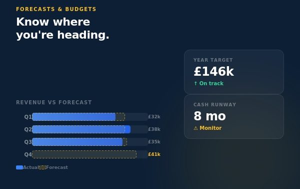 Taxity forecasts and budgets service — quarterly revenue versus forecast bar chart with year target and cash runway indicators