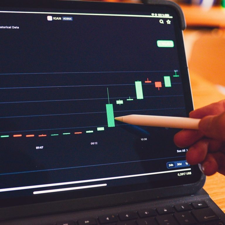 A person's hand pointing at a digital chart showing stock price movements.